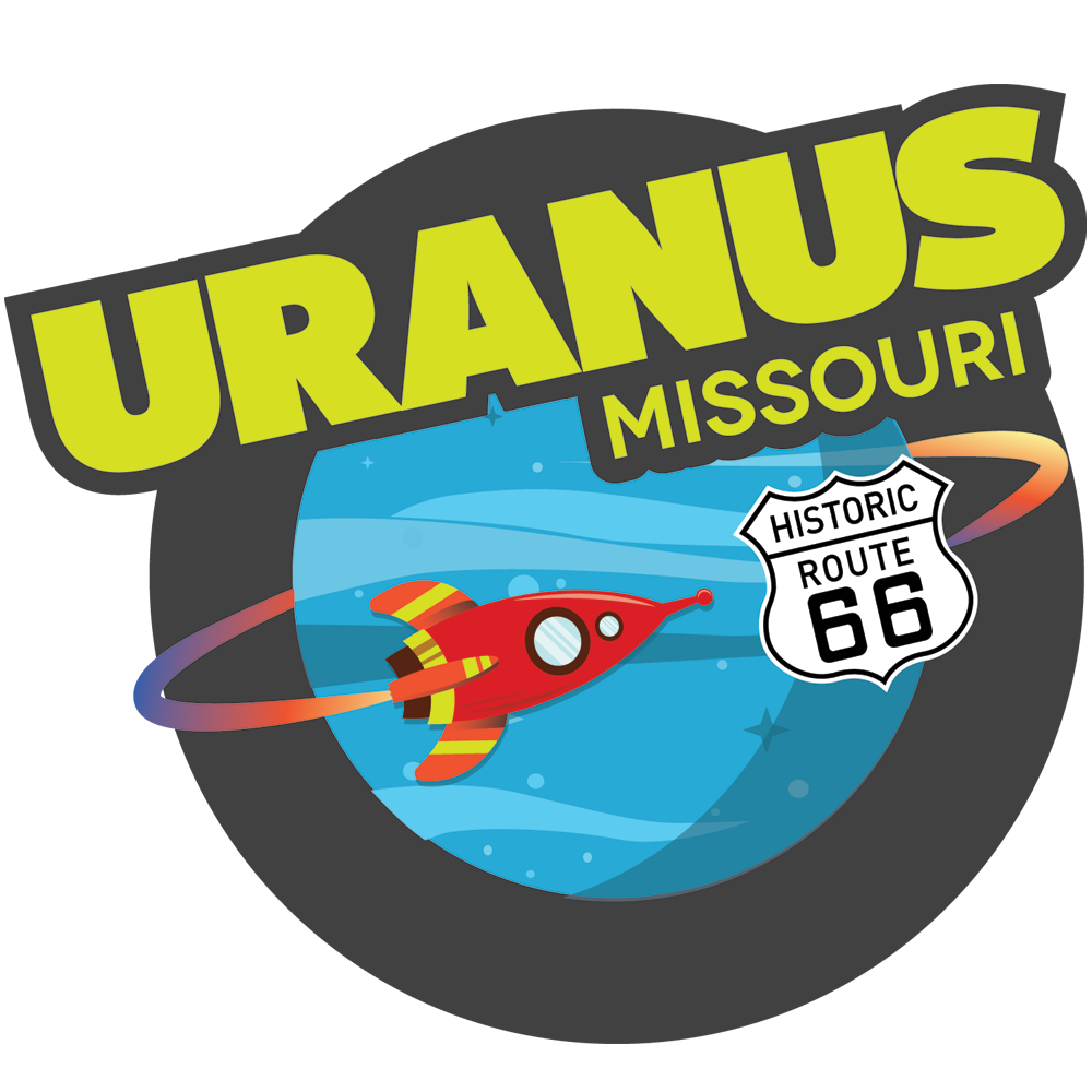 Logo for Uranus, Indiana, featuring a cartoon UFO and highway sign.