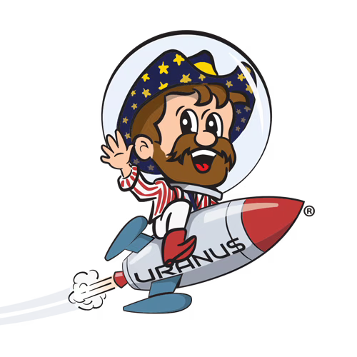 Logo for Uranus, Indiana, featuring a cartoon UFO and highway sign.